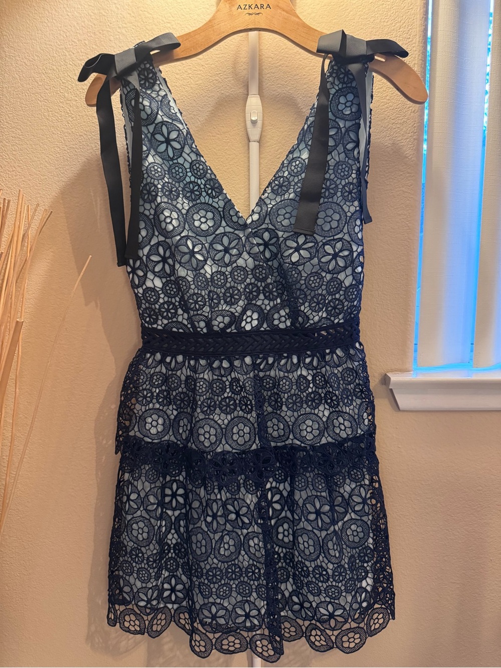 Self-Portrait Navy and Light Blue Lace Tiered Mini Dress